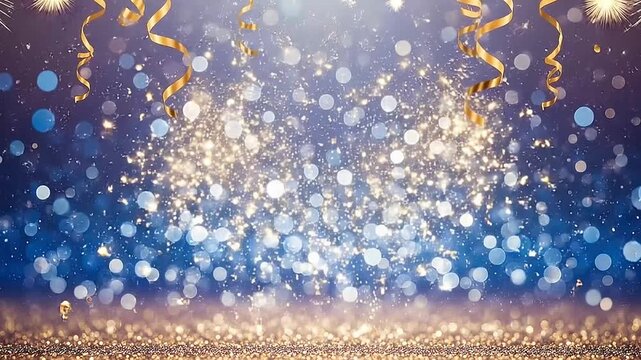A digital background featuring a vibrant blue gradient with abstract light particles and bokeh