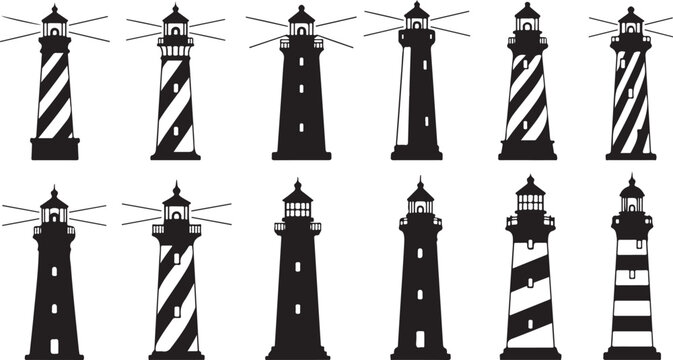 Collection of various lighthouse silhouettes and striped patterns illustration