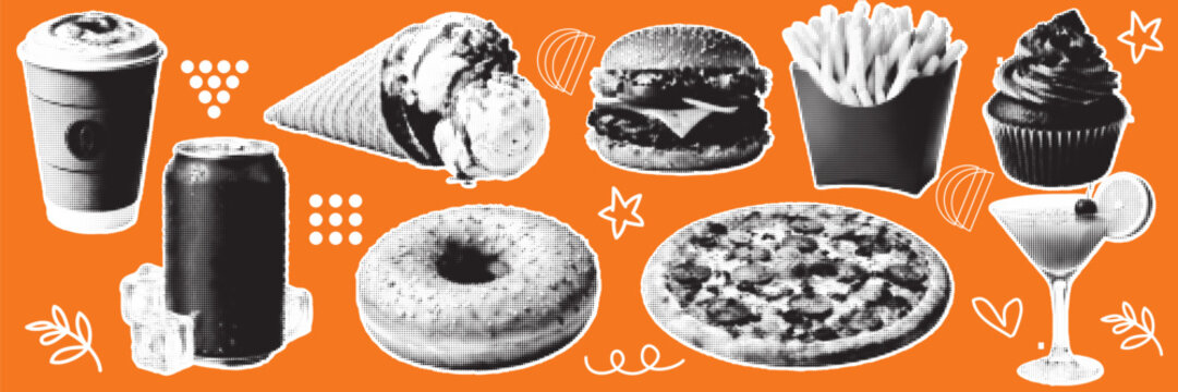 halftone, pop art, dot fast food collection with coffee burger pizza fries donut drink dessert isolated design, vector illustration