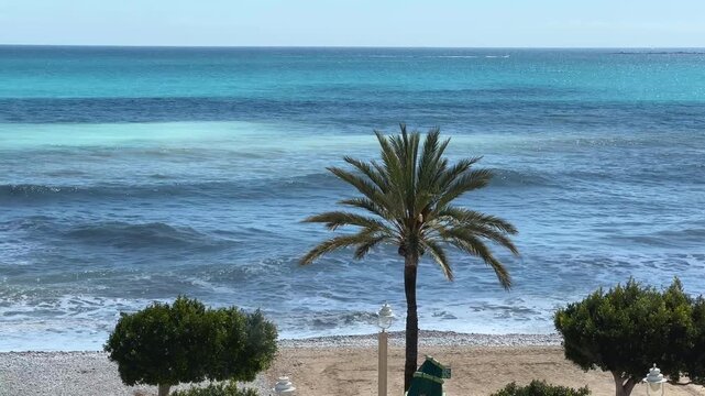 Olas rompiendo en Altea con tonos de azul y palmera