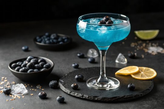 Refreshing Blue Cocktail with Blueberries and Citrus Garnish on Dark Background