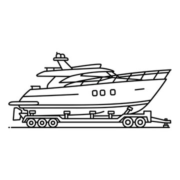 A line art illustration depicting a large yacht being transported on a heavy-duty multi-axle trailer, ready for overland travel.