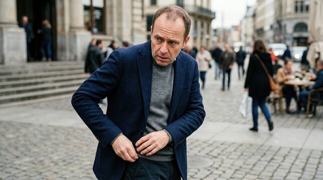 A middle-aged man in a dark blue blazer and gray sweater adjusts his pants while standing on a cobblestone street in a European city. He appears to be in a moment of discomfort or preoccupation.