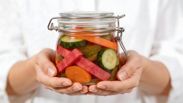 Hands holding jar of pickled vegetables