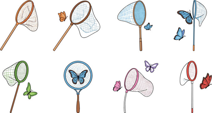 Butterfly Net Collection with Colorful Insects and Catching Tools Set for Nature Exploration Kids Activity Outdoor Hobby Vector Illustration Design