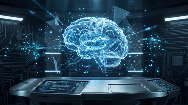 Brain hologram floats above a high tech control console within a modern laboratory environment.