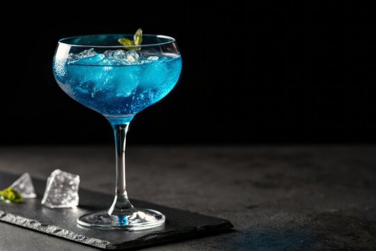 Refreshing Blue Cocktail with Ice and Mint in Elegant Glass on Dark Slate Surface