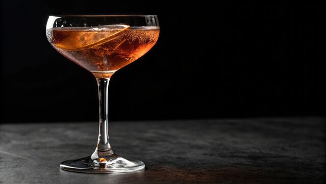 Elegant cocktail glass with brown drink and citrus slice on dark background for bar scene