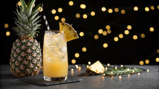 Refreshing Tropical Cocktail with Pineapple Garnish on a Dark Background with Lights