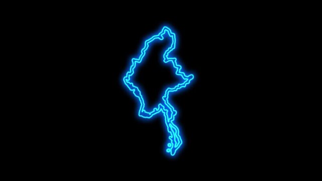 Myanmar Country Map Neon Lights, Abstract Myanmar Neon Lights Map Opener Suitable for Politics, Elections, Travel, News and Sports Events and Presentations