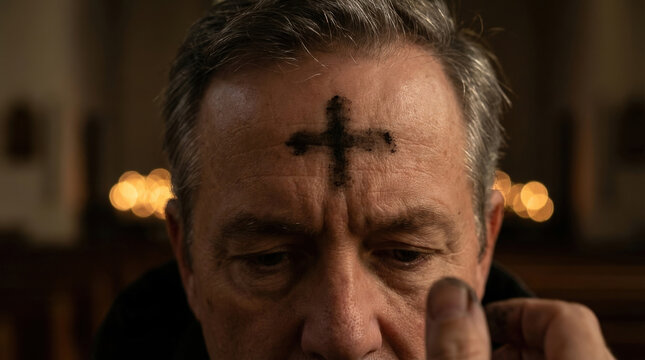 Close-up of a senior man receiving an ash cross on his forehead from a priest during Ash Wednesday mass