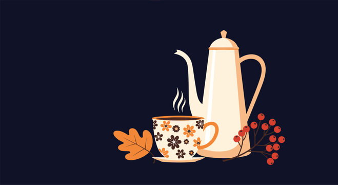 Cozy autumn coffee scene with a steaming patterned cup a coffee pot fall leaf and berries on a dark background.