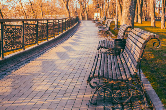 Beautiful park at sunrise time on Volodymyrska girka park in Kyiv, Ukraine