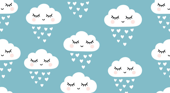 Seamless repeating pattern of cute sleepy cartoon clouds raining down tiny white hearts against a solid light blue sky background.