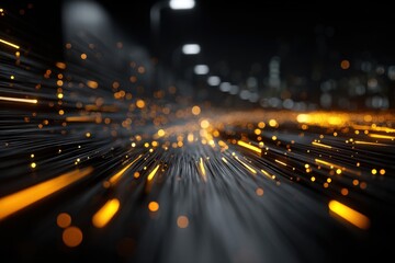 High-Speed Golden Fiber Optic Data Streams Racing Toward Vanishing Point on Dark Background