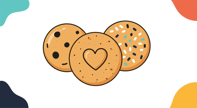 Cute illustration of three different types of cookies a chocolate chip a sugar cookie and one with sprinkles and a heart.