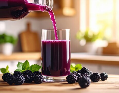 Freshly squeezed blackberry juice pou into a tall glass with ripe blackberries and green leaves on a wooden surface in a bright modern kitchen setting