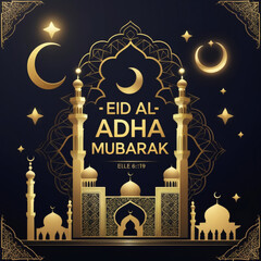 Golden Eid Al Adha Mubarak Greeting with Islamic Architecture and Crescent Moon Decorations