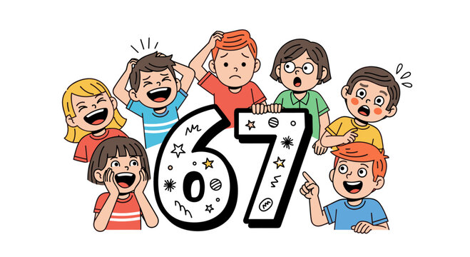Group of diverse happy kids and one sad boy standing around a big number 67. Children expressing surprise, joy, and worry. Vector illustration