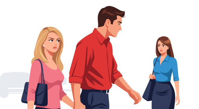 Young woman looking with suspicion at a man looking at another woman. Couple relationship problem, jealousy and infidelity concept. Vector illustration