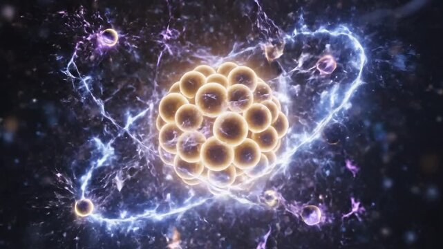 Stylized 3D visualization of an atom model featuring a glowing golden nucleus and electric blue energy trails representing electron orbits over a dark cosmic particle background.