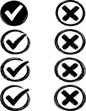 Hand Drawn Check and Cross Circle Icons Set Approval Rejection UI Symbols Black Brush Style