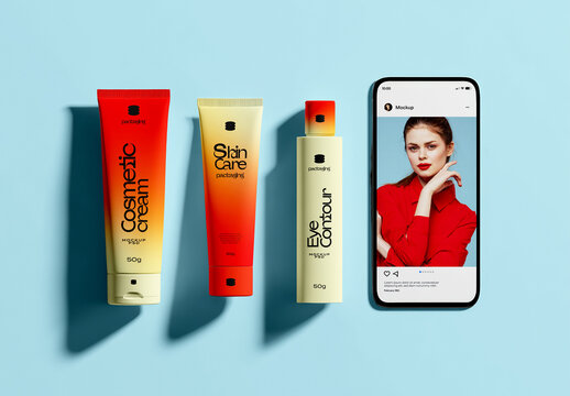 Skincare Products with Smartphone Display Mockup