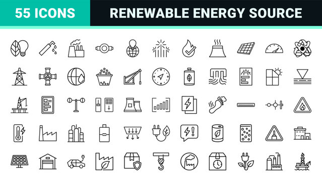 Sustainable energy and utility infrastructure line icons