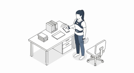 Fototapeta premium Isometric Woman Using Wearable Health Tracking Sensors and Smartphone at Office Desk for Motion Capture and Wellness Data Syncing Illustration