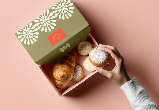 Pastry Box Top View with Hand Taking Food Mockup