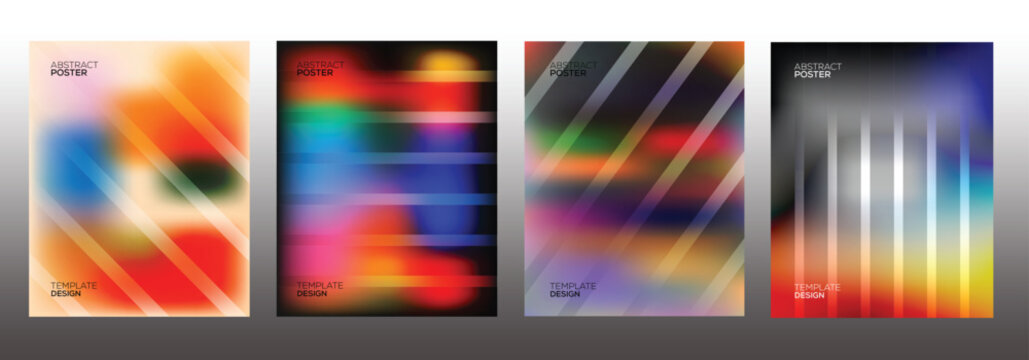 Set of abstract posters with blurred colorful backgrounds and geometric line patterns