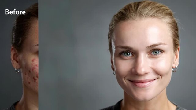 Female face before, after acne, painful pimples, enlarged pores, problematic sebaceous skin condition, successful care, effective treatment, professional foundation makeup