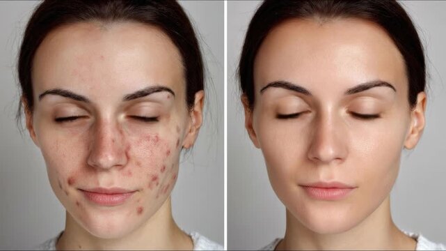Woman's face showing problematic skin with acne, pimples, enlarged pores and sebaceous glands, before and after effective care treatment, clear smooth foundation makeup application