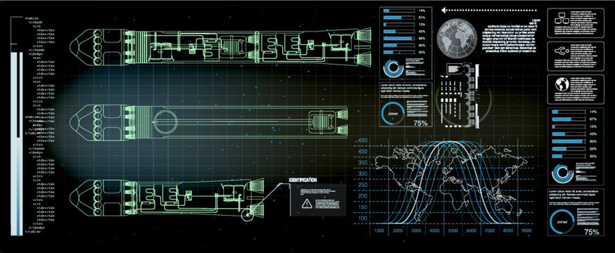 High-tech heads up display with glowing rocket blueprints. Sci-fi interface features data charts, graphs, global trajectory analysis on a dark background. Vector illustration for technology concepts