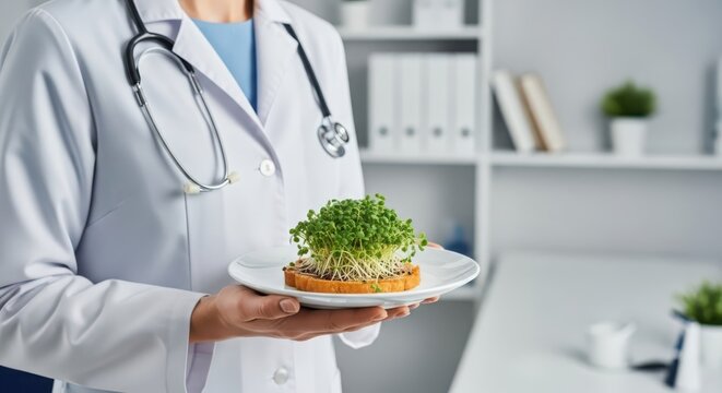 A female doctor in a white lab coat with a stethoscope around her neck holds a white plate with a slice of bread topped with fresh green sprouts in a bright medical office setting.
