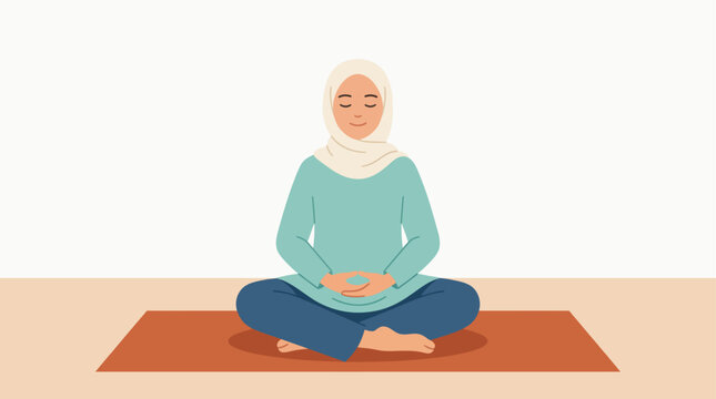 Muslim Woman in Hijab Meditating in Lotus Pose, Minimalist 2D Flat Vector Illustration for Yoga and Mindfulness