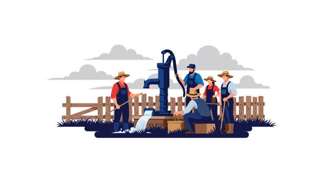 Farmers gather around a traditional hand pump for water in a rural setting.
