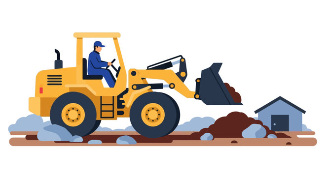 Heavy machinery front end loader moving earth and debris on construction site.