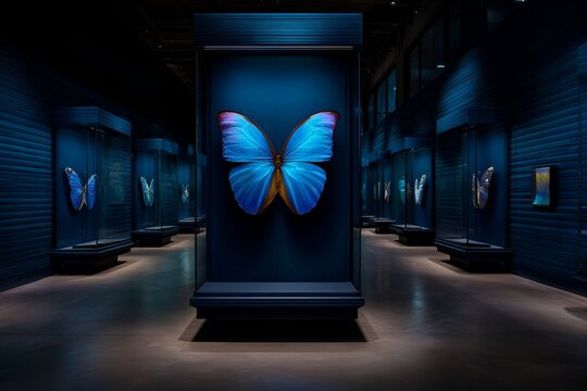 Large blue butterfly display in an art gallery with smaller butterfly exhibits around it at night