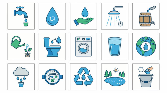 Vector Icons Set of fifteen colorful hand drawn water and environment related doodle icons. EPS Editable. Vector Illustrations.