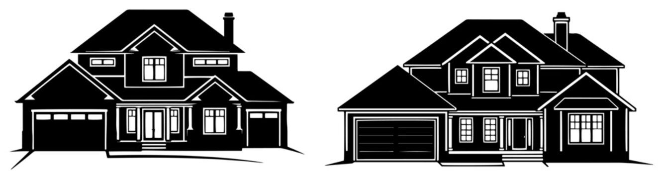 Suburban family house exterior silhouettes with gabled roofs in black and white graphic style