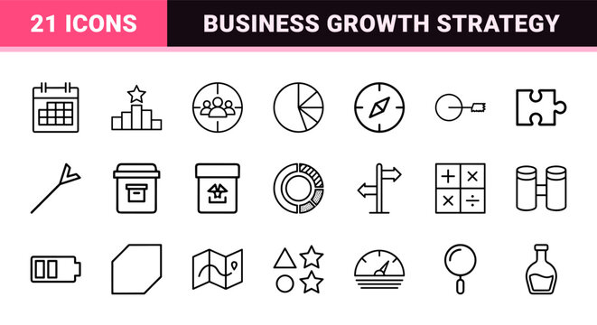 Business data analytics and information visualization line icons