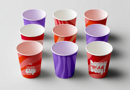 Paper Cups Set Arranged in Grid Mockup