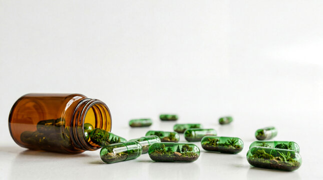 Green eco supplement capsules with miniature forest ecosystem spilling from amber glass bottle on clean background. Concept of natural medicine, sustainability, herbal treatment, environmental health