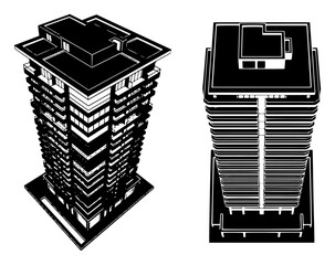 High rise apartment building with multiple floors and balconies in black and white isometric style © Camel