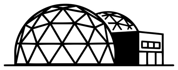 Geodesic dome structures and laboratory building side view in black and white vector style © Camel