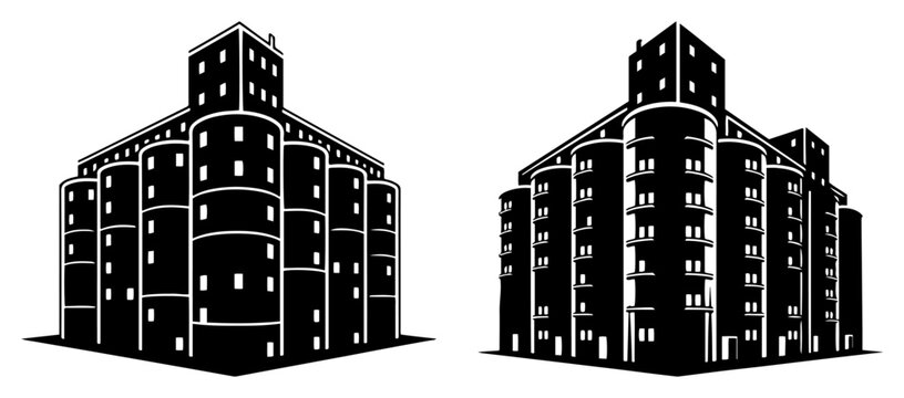 Industrial factory building with storage silos in perspective black and white minimalist style