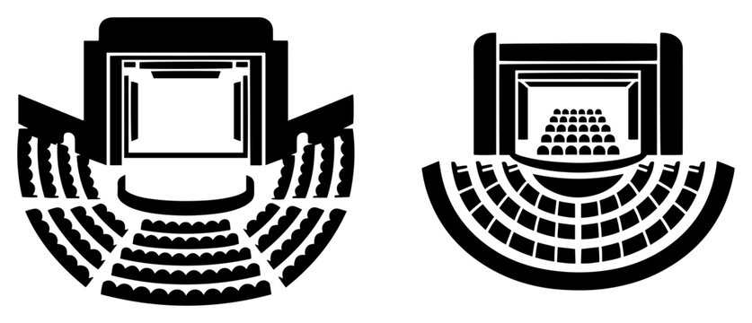 Theater seating chart and auditorium stage layout in architectural symbol style