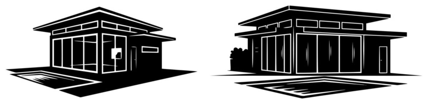 Modern villa houses with flat roofs and swimming pools in black and white silhouette style