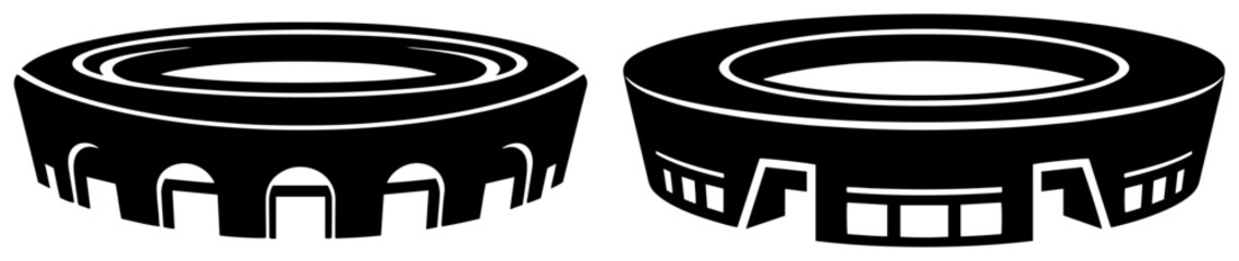 Sports stadium and modern arena silhouettes with circular seating architecture in black and white style © Camel